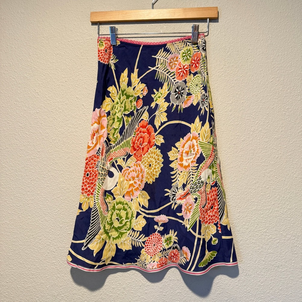 Lux Floral Crane Print Rayon Midi Skirt Navy Blue Pink Lace Trim XS FCY212
